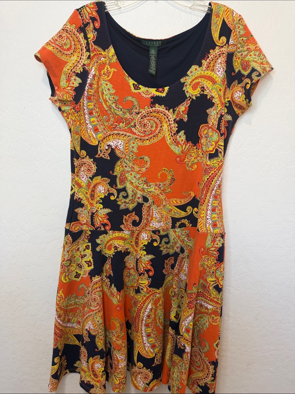 Ralph Lauren Blue Orange Paisley Print Fit & Flare‎ Dress large scoop neck midi